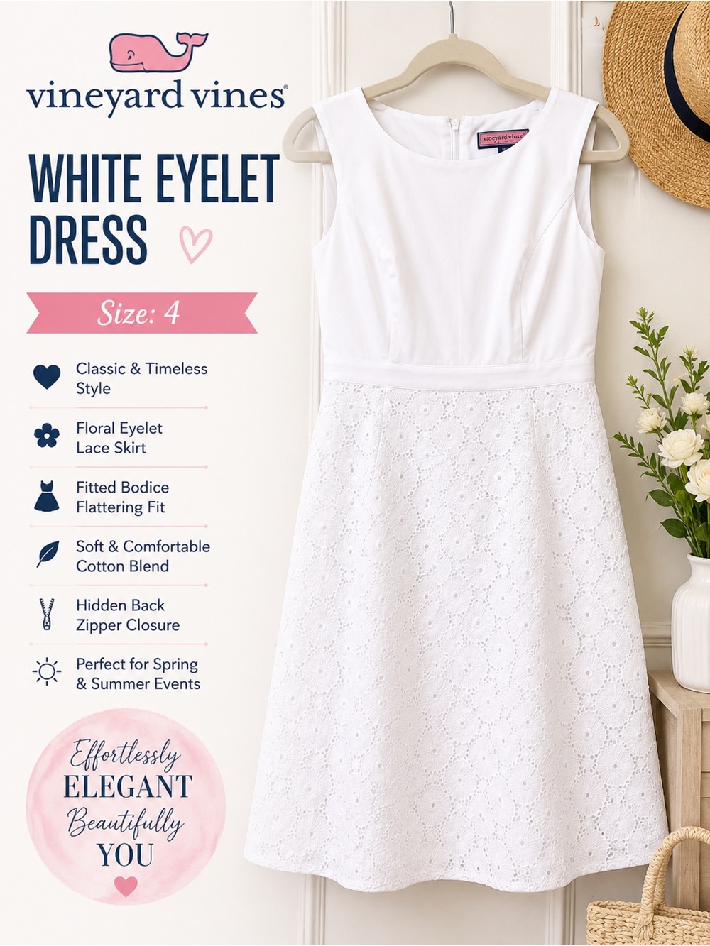Vineyard Vines White Eyelet Dress Fit and Flare – Size 4